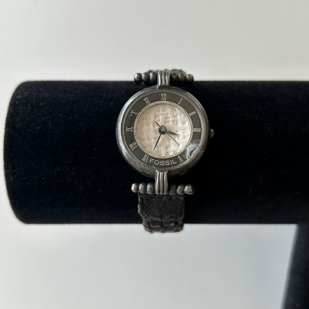 Fossil Womens PC-9155 Silver-Tone Analog Watch With Black Braided Leather Strap
